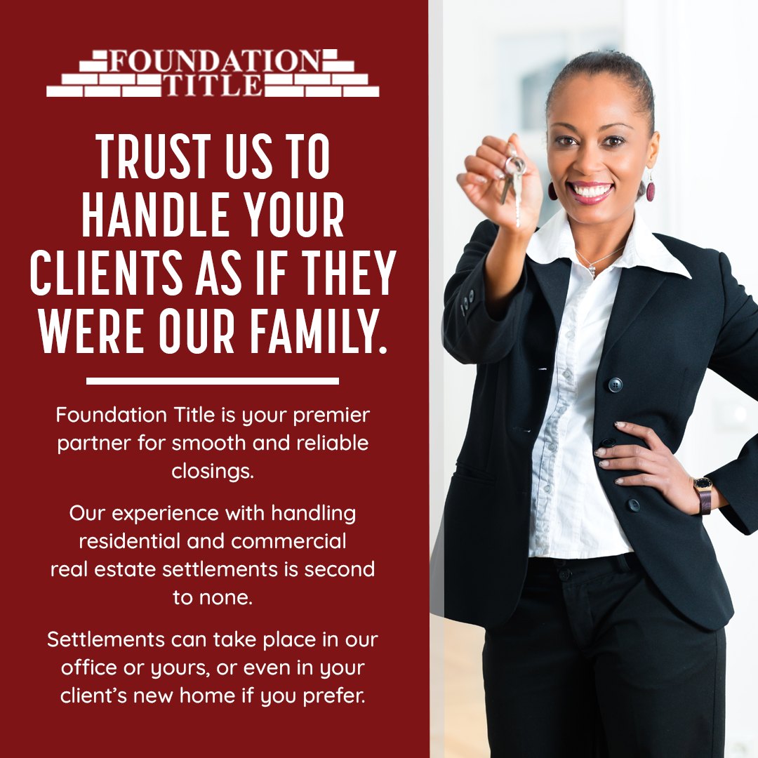 ChrisGimello's tweet image. Real estate agents, meet your ideal partner! 🏡
Foundation Title ensures smooth, on-time closings and supports you &amp;amp; your clients every step of the way.

#FoundationTitle #SmoothClosings #RealEstatePartners
