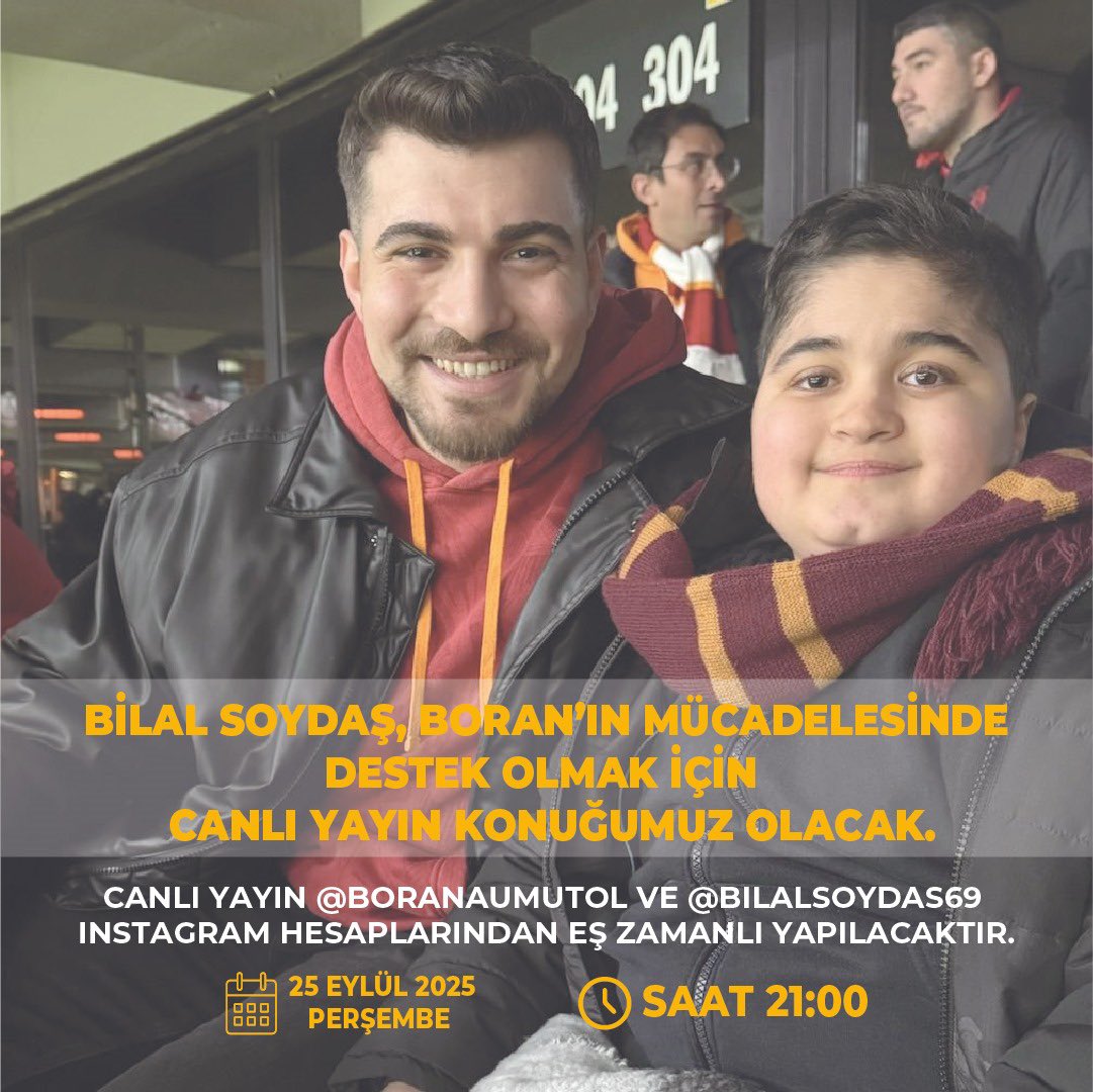 Hüseyin Boran Kardeşimizin DMD hastalığı ile olan mücadelesinde yanında olmaya devam edelim. Bu akşam saat 21.00’da Hüseyin Boran Kardeşimiz ve Bilal Soydaş’ın Instagram hesaplarında ortak canlı yayın olacak. Canlı yayına katılıp kardeşimize destek olalım.
#HüseyinBoranaNefesOl