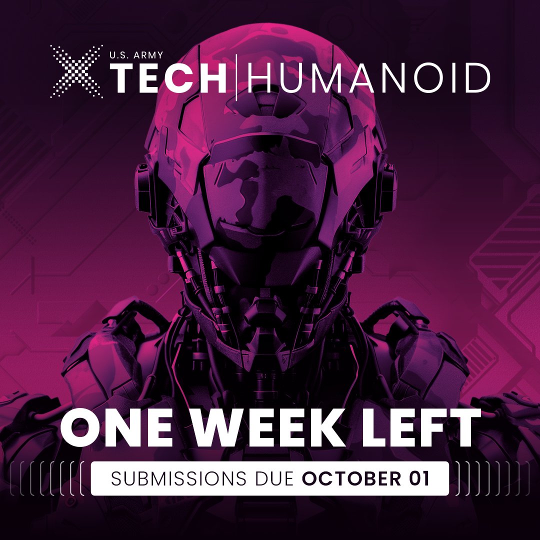 xTechProgram's tweet image. ⏳ Less than one week left to apply for xTechHumanoid!

$490K in prizes &amp;amp; $1.25M in contracts are on the line.

The Army seeks humanoid tech built for high-threat environments. Finalists will test live in an experimentation event.

Submit by Oct 1: xtech.army.mil/competition/xt…