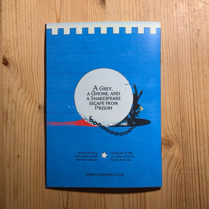 back cover of alas + blurb - A grey, a gnome and a shakespeare escape from prison