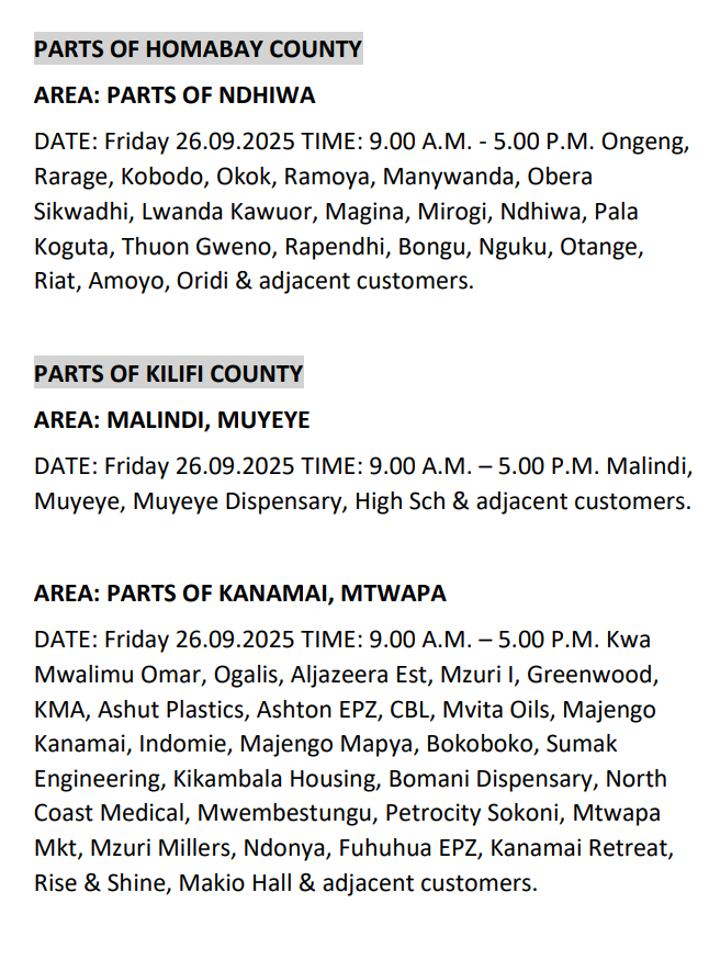 KenyaPower_Care's tweet photo. Good Evening. The listed areas will be under planned power maintenance tomorrow (26th September, 2025). We regret any inconvenience that may be caused during the operations. For the advance notice, please use https://t.co/luPQOyq73K. To access the latest schedule, check under the most recent date. ^MW