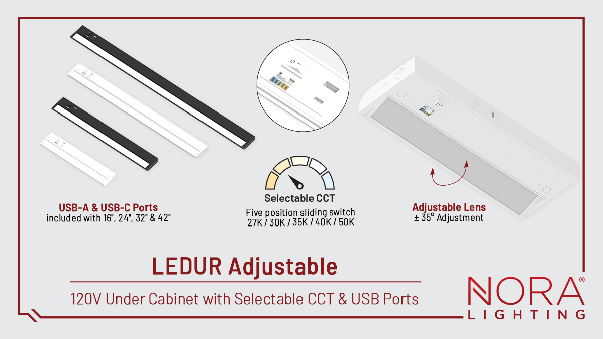 Introducing our most versatile under cabinet, LEDUR Adjustable! 🚨
Expanding our LEDUR family to include an adjustable lens and two USB ports! 🔌
- Five lengths 📏
- 600 lumens per foot😎
- ±35°Rotatable Lens 🔦
- Selectable CCT🎨
- USB-A &amp; USB-C ports 📲
noralighting.com/NUDA-flyer