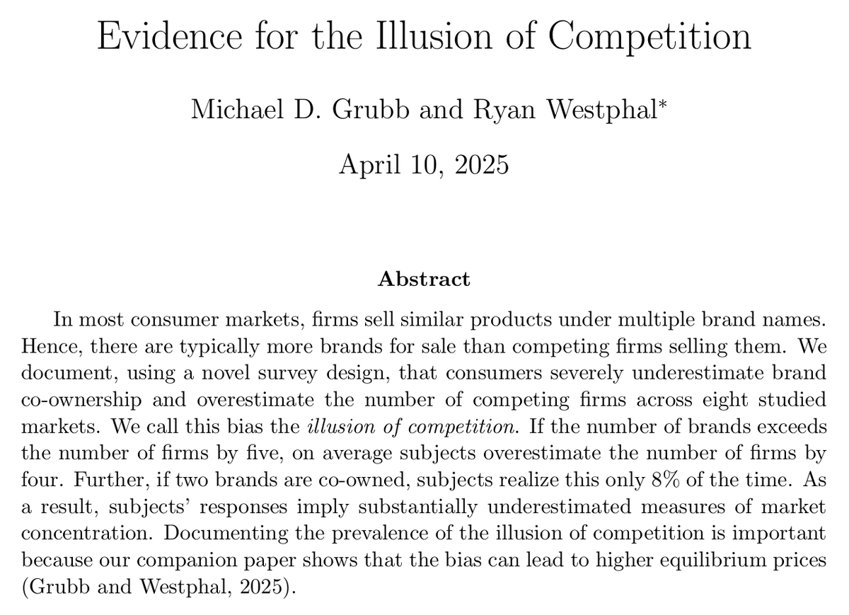 Multi-brand firms can trap consumers in an illusion of competition, raising prices.

Consumers systematically underestimate brand co-ownership (thinking 9 rival firms compete when it’s really just 4 multi-brand firms).

More brands ≠ more competition