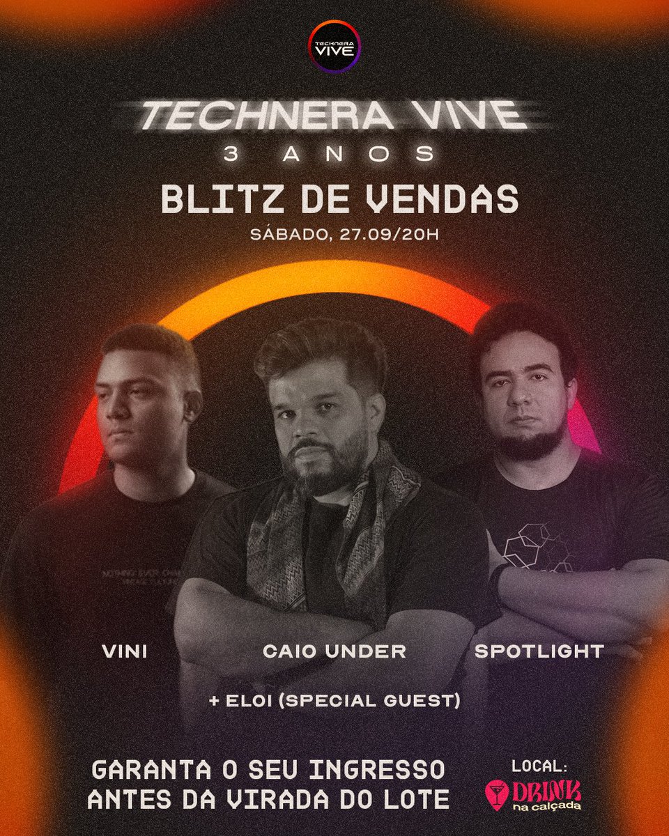 Techneravive's tweet image. Já parou pra pensar no que a música é capaz de criar? União, arrepios, memórias 💭

Sábado (27) às 20h no Drink na Calçada 📍 tem Esquenta Technera Vive - 3 anos com Blitz de Vendas 🎶

Garanta já o seu ingresso 👉wa.me/5596981095556