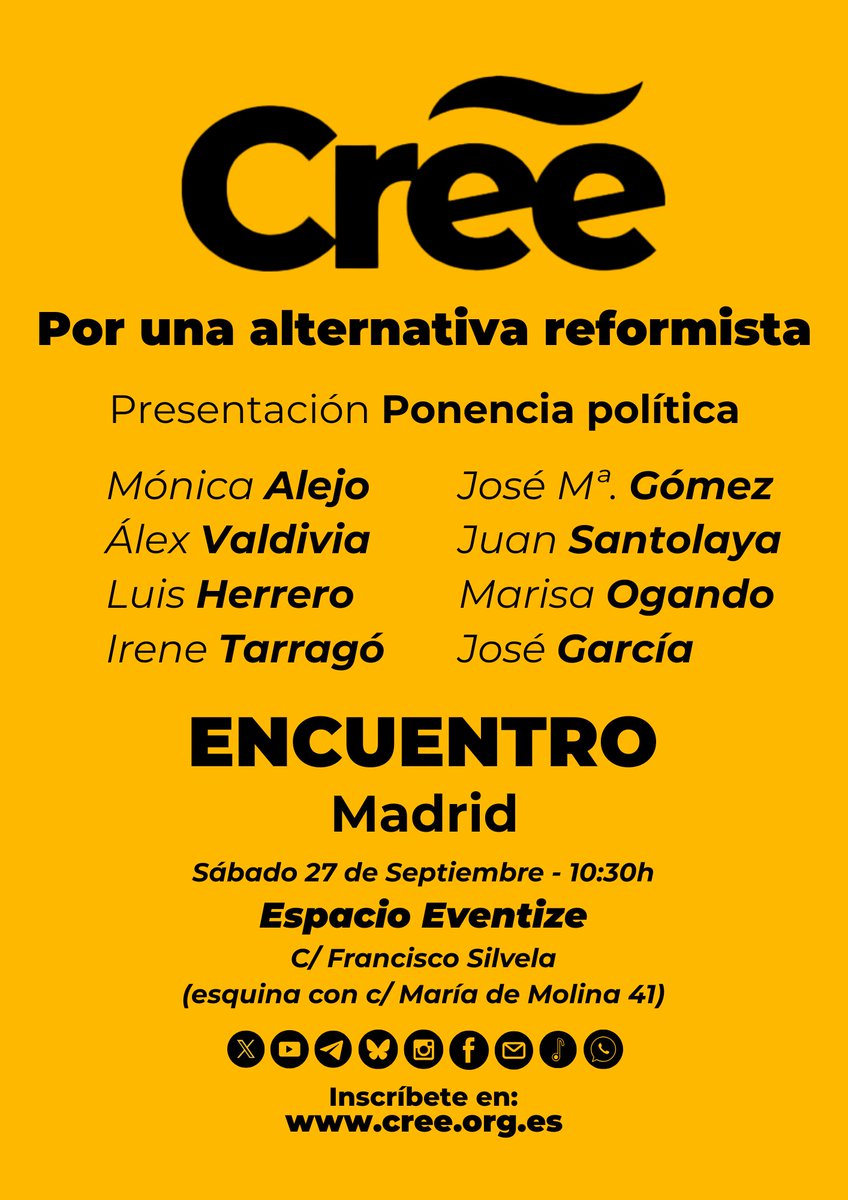 ¿Listo para el cambio?
💥 La ponencia política de <a href="/CreeOficial/">Cree Oficial</a> se presenta el 27/09 a las 10:30h en Espacio Eventize de #Madrid. ¡Acompañanos en este gran día! #NoFaltes
#Cree #27S #Evento #Parati #fyp #viral #política
+Info 👇