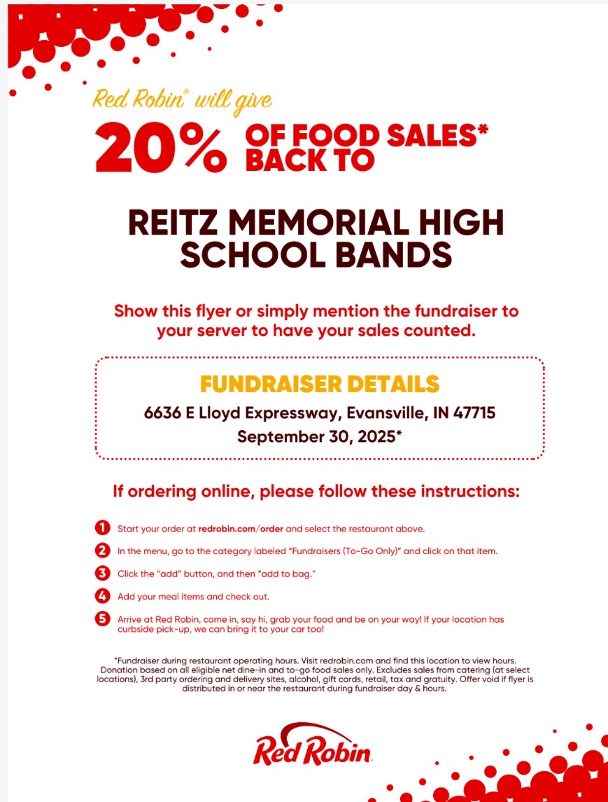 🎶🍔 Support the Reitz Memorial High School Bands! 🎶
Join us at Red Robin on Sept. 30, &amp; enjoy a meal while giving back!
✨ 20% of all food sales will be donated back to RMHS Bands when you show the flyer or mention the fundraiser.
Thank you for helping us keep the music going!
