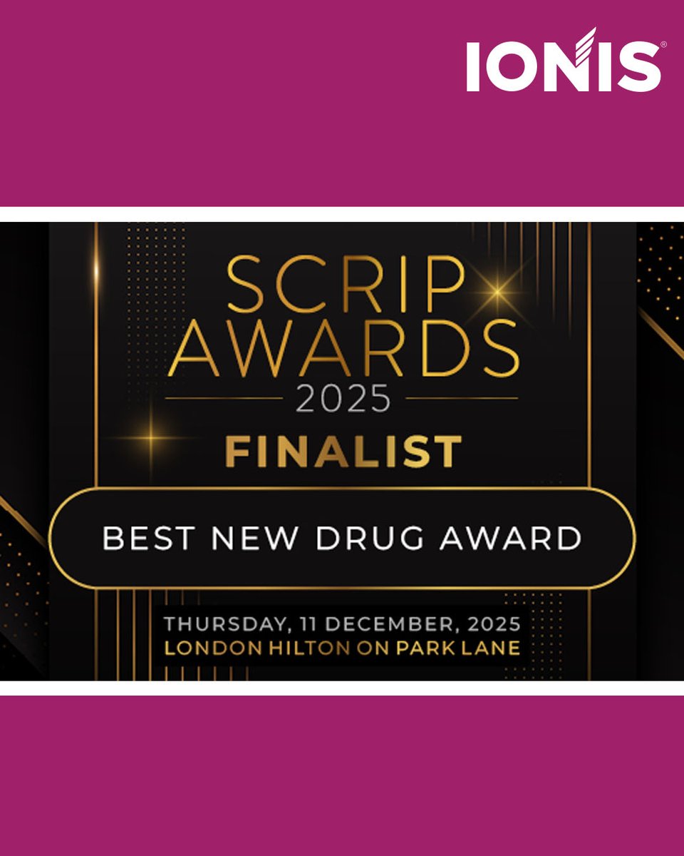ionispharma's tweet photo. We’re thrilled our medicine for familial chylomicronemia syndrome (FCS) has been shortlisted for the @Citeline 2025 #ScripAwards in the Best New Drug Award category. We are honored to be recognized! https://t.co/aNSMUTuE7y #LivingwithFCS #RareDisease https://t.co/r9kiAmOatn