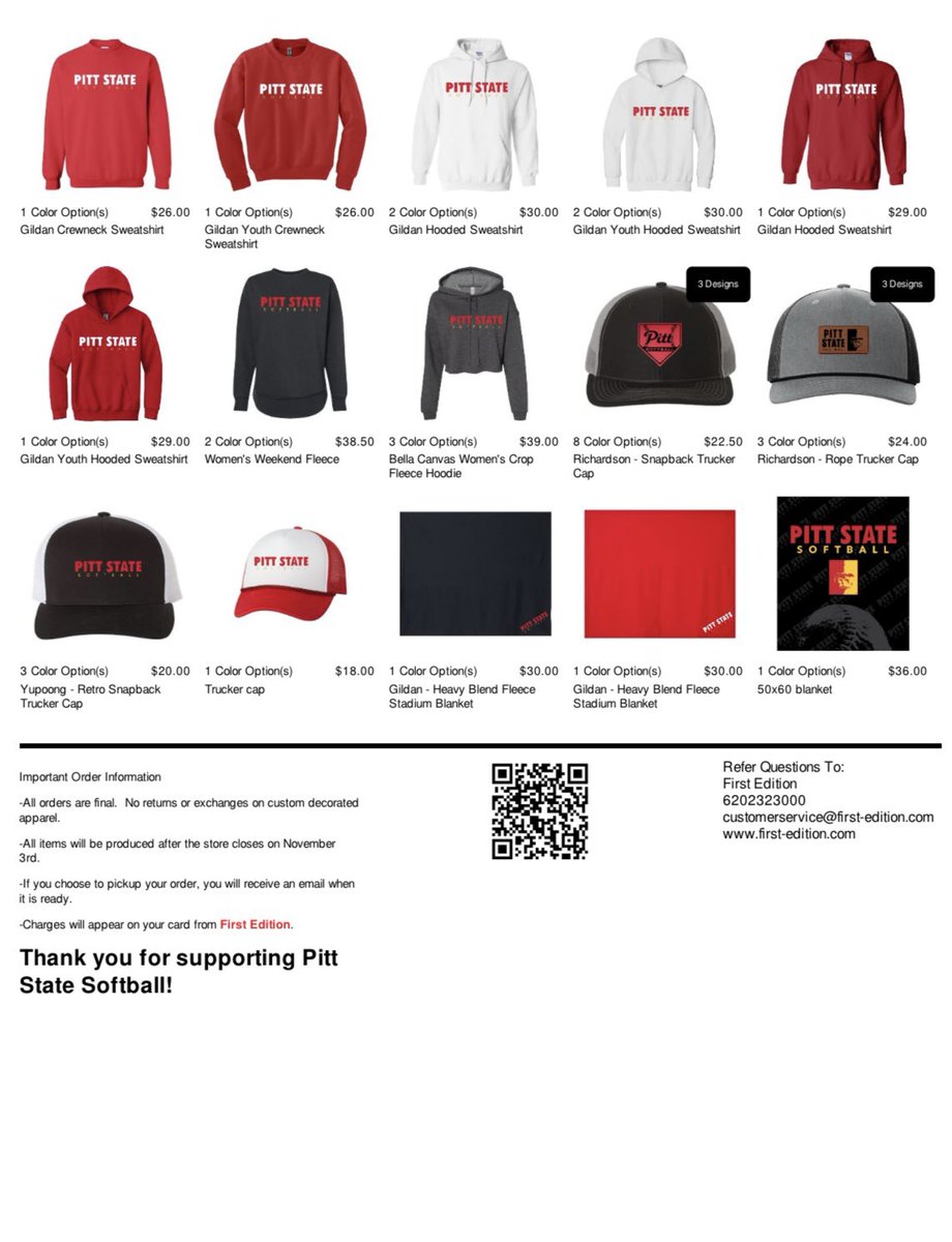 ‼️Pitt State Softball Merch Drop‼️

Support your 2025-2026 Pittsburg State Softball Team 🔥 

All profits will go directly to our softball program ❤️‍🔥

🔗 — firstedition.chipply.com/pittsoftball/ 

#GorillaNation || #OAGAAG 🥎 🦍