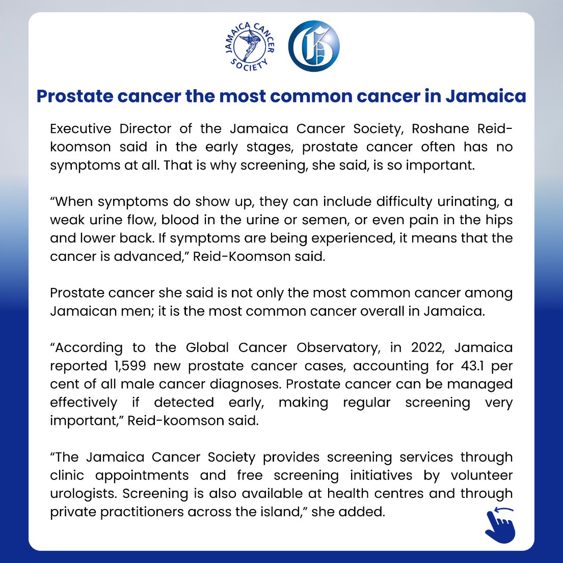 JaCancerSociety's tweet photo. 📖 Prostate cancer is the most common cancer in Jamaica (Jamaica Gleaner).

As part of our advocacy, we’ll be sharing key articles on this urgent issue. 💙

👉 Read more: https://t.co/NMfZn1yd5C

#ManUpCheckUp #EarlyDetectionSavesLives https://t.co/KcC7kie1HU