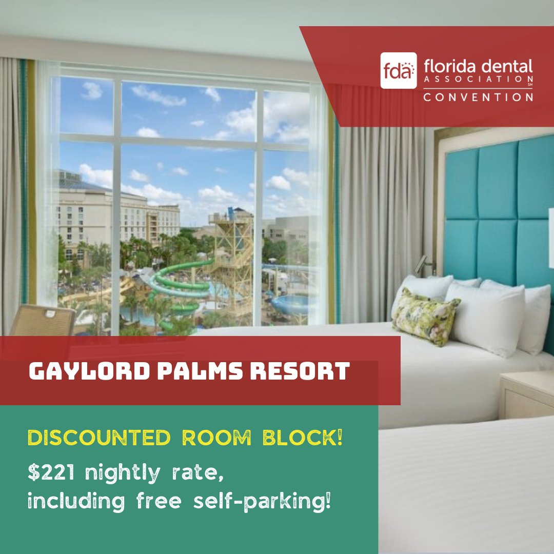 Don't miss out!🎉🎸 Stay in the middle of the action
at the 2026 Florida Dental Convention and book your
room at the Gaylord Palms for the discounted $221
nightly rate. This room block will sell out, so reserve
your room today. #FDC2026