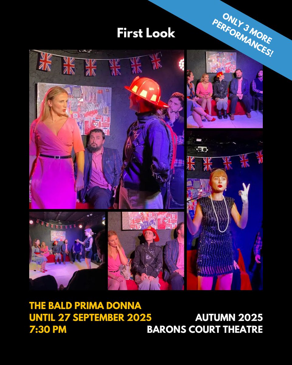 The Bald Prima Donna continues its smashing run tonight at 7:30pm!

Don't miss this rare chance to see Ionesco's masterpiece performed by a Romanian company in London. Limited tickets remaining with Saturday's performance sold out!

🎟️ baronscourttheatre.com/ionesco