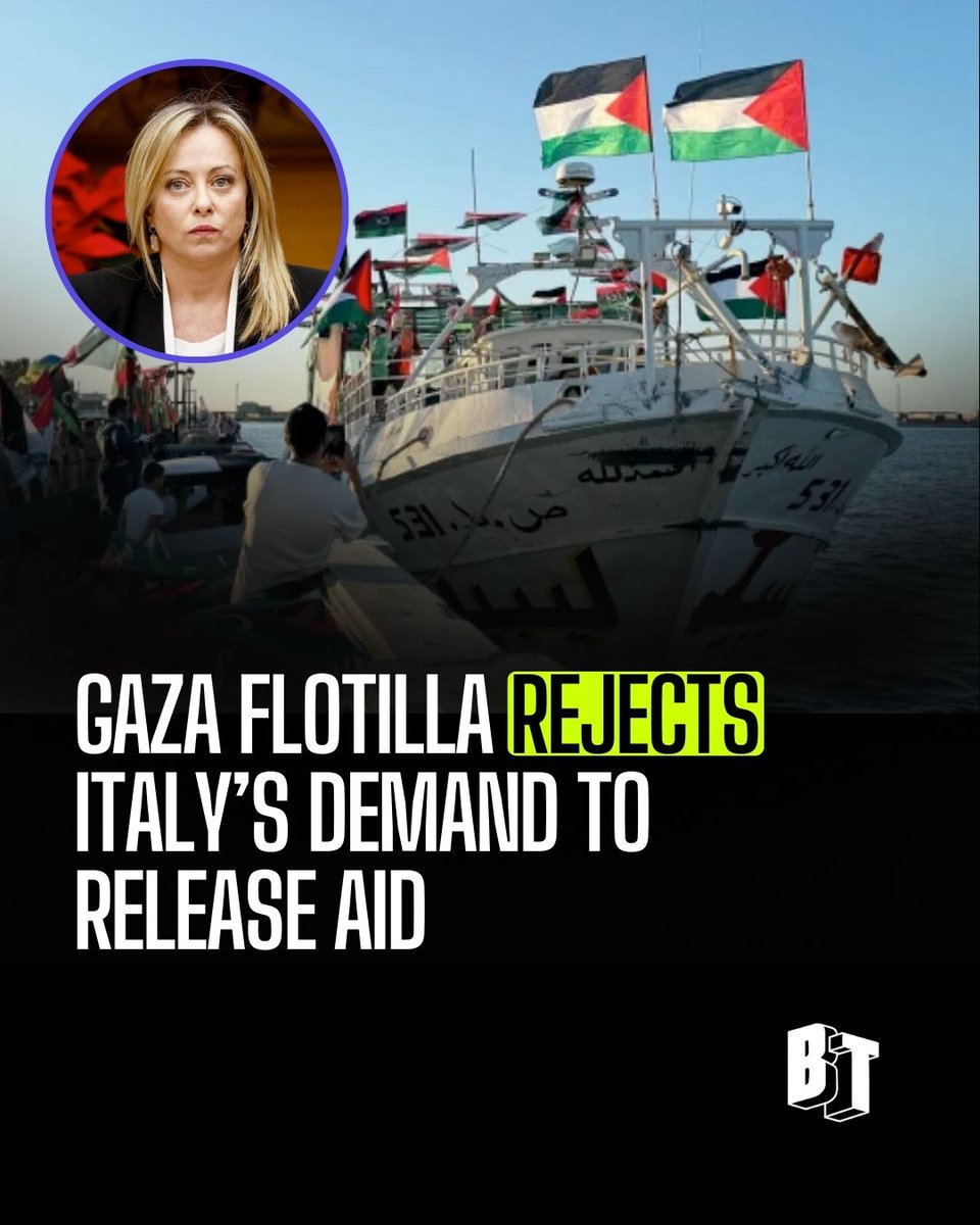 BREAKING: The Global Sumud Flotilla has rejected an Israel-backed proposal from Italian President Meloni to stop the Flotilla and hand over aid. The plan would call for the flotilla to demobilize at Cyprus, and hand over the aid to the Latin Patriarchate of Jerusalem to