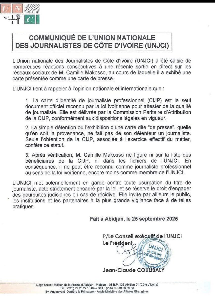 🔴🇨🇮Déclaration de l’Union des Journalistes Culturels de Côte d’Ivoire (UJOCCI)

Dans une vidéo publiée sur sa page et devenue virale après plusieurs partages sur les réseaux sociaux, l’influenceur connu sous le nom de Camille Makosso s’est affiché brandissant une carte et
