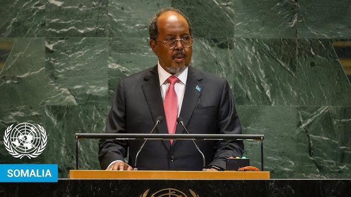somalibeacon's tweet photo. Somalia’s President Hassan Sheikh told the #UNGA his country remains committed to defeating terrorism and called for collective efforts toward “just and lasting” peace in #Palestine and the Middle East, warning against global “adverse competition”. #Somalia #UNGA80 https://t.co/deGEit0GPt