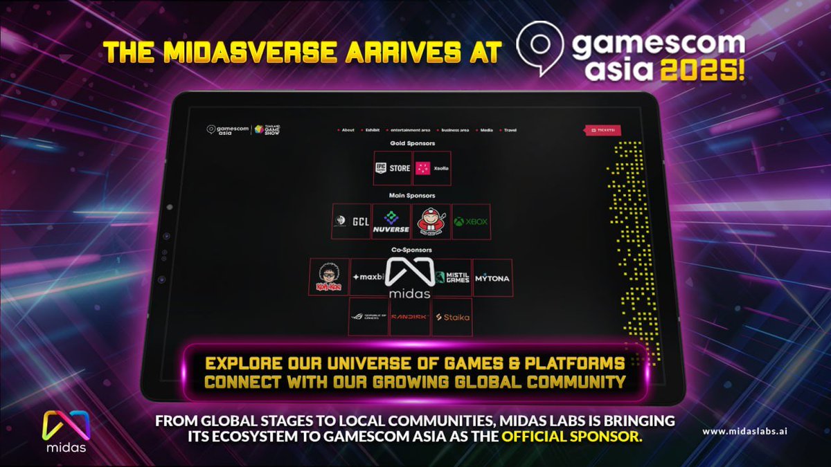 MidasLabs_Games's tweet image. The Midasverse Goes Global!

Midas Labs is the official major sponsor at Gamescom Asia x Thailand Game Show 2025.

Booth showcases, ecosystem launches, and community meetups.
Powered by $UNIFI.

October 18–21 at QSNCC Bangkok.

midaslabs.ai

#MidasLabs #GamescomAsia…