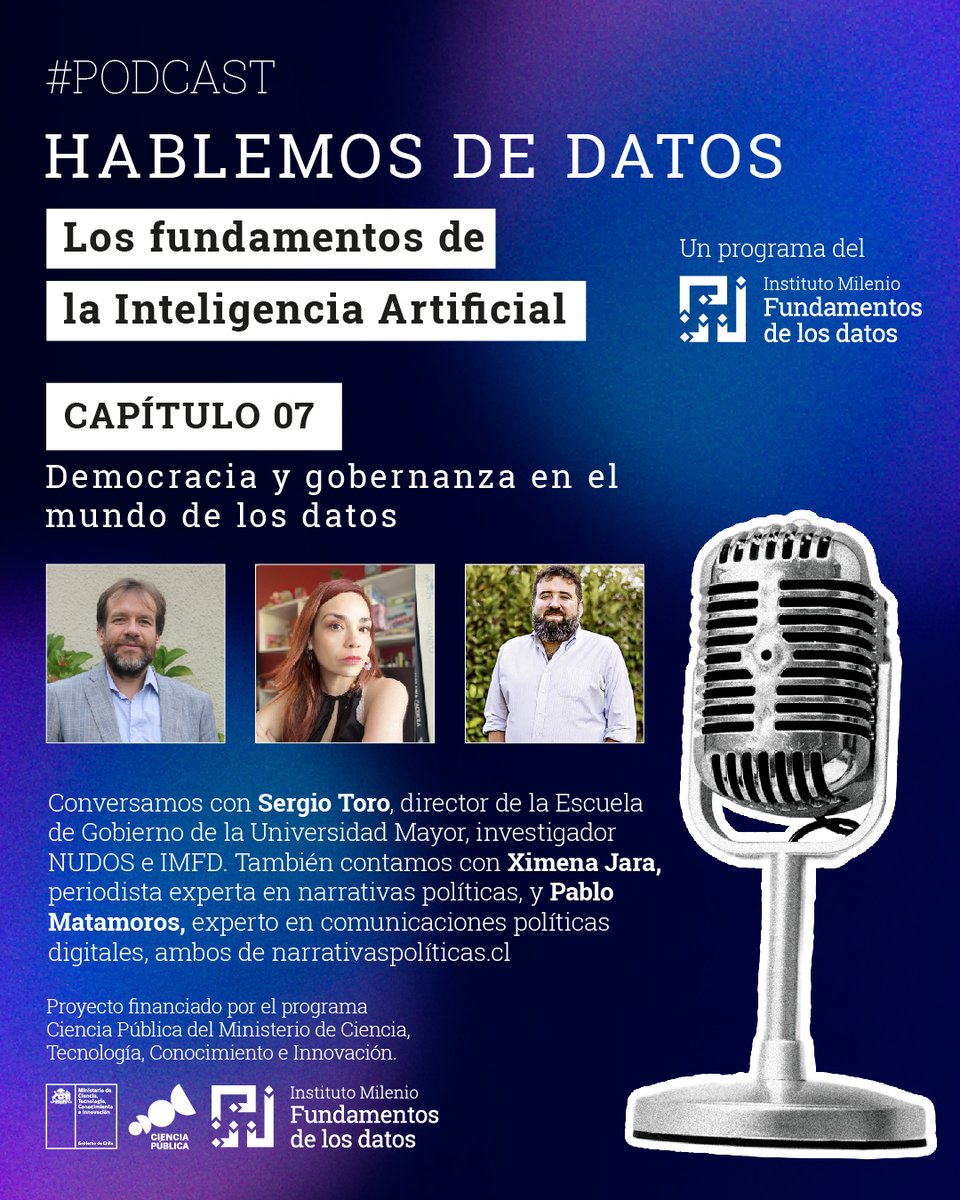 Fundamentos de los Datos (@imfdchile) on Twitter photo #PODCAST ¿IA y democracia? En un nuevo capítulo de "Hablemos de Datos" conversamos con Sergio Toro, director de la Esc. de Gobierno <a href="/umayor_/">Universidad Mayor</a>, Ximena Jara y Pablo Matamoros de narrativapolitica.cl sobre los riesgos y oportunidades de la IA en la política. #PODCAST ¿IA y democracia? En un nuevo capítulo de "Hablemos de Datos" conversamos con Sergio Toro, director de la Esc. de Gobierno <a href="/umayor_/">Universidad Mayor</a>, Ximena Jara y Pablo Matamoros de narrativapolitica.cl sobre los riesgos y oportunidades de la IA en la política.
