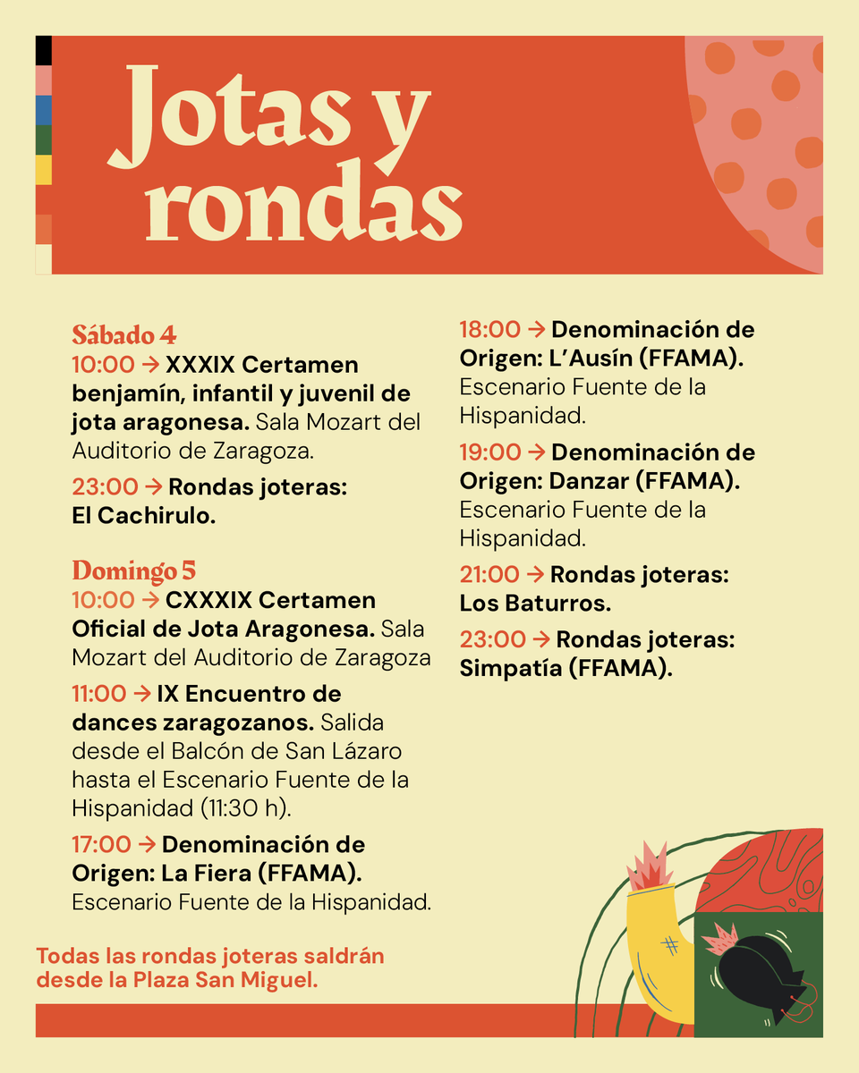FiestasPilarOfi's tweet photo. 👆🏽 Aquí os dejamos toda la programación de Jotas y rondas aragonesas.
Tradición que se vive y se siente ❤️
Consulta día, hora y espacio en las imágenes.
#Pilar25 #JotasAragonesas #Jotas @zcultura @zaragoza_es https://t.co/TxjHMzbung