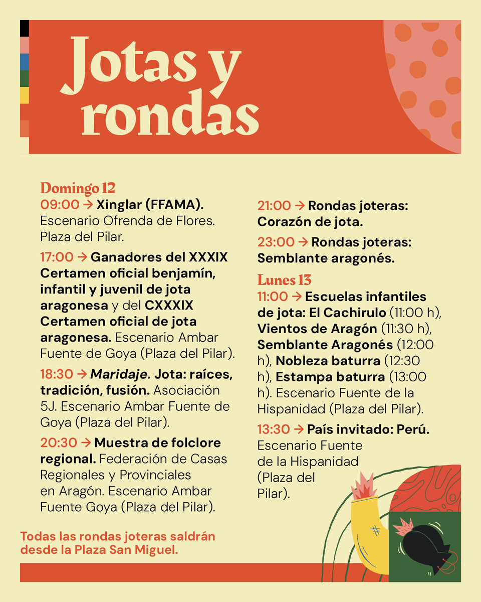 FiestasPilarOfi's tweet photo. 👆🏽 Aquí os dejamos toda la programación de Jotas y rondas aragonesas.
Tradición que se vive y se siente ❤️
Consulta día, hora y espacio en las imágenes.
#Pilar25 #JotasAragonesas #Jotas @zcultura @zaragoza_es https://t.co/TxjHMzbung