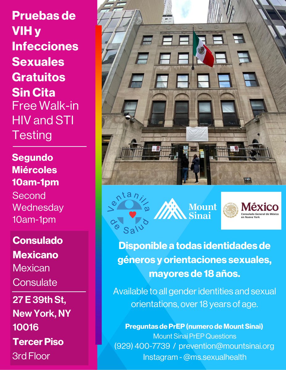 Consulado General de México en Nueva York (@consulmexnuy) on Twitter photo ¡Recordatorio! 🚨 Esta semana, el miércoles, tenemos pruebas de VIH y otras infecciones sexuales GRATUITAS y sin cita en el Consulado de 10am a 1pm. Abierto para mayores de 18 de todas las identidades. #SaludSexual #ConsuladoMXNY #Prevención ¡Recordatorio! 🚨 Esta semana, el miércoles, tenemos pruebas de VIH y otras infecciones sexuales GRATUITAS y sin cita en el Consulado de 10am a 1pm. Abierto para mayores de 18 de todas las identidades. #SaludSexual #ConsuladoMXNY #Prevención