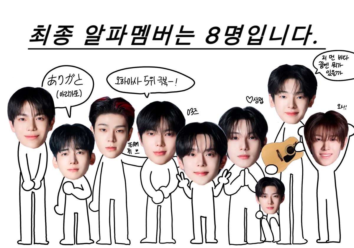 알파드라이브원 최종 알파멤버는
박동규유메키김준민전이정유강민최립우강우진천카이원8명입니다.
#보이즈플래닛