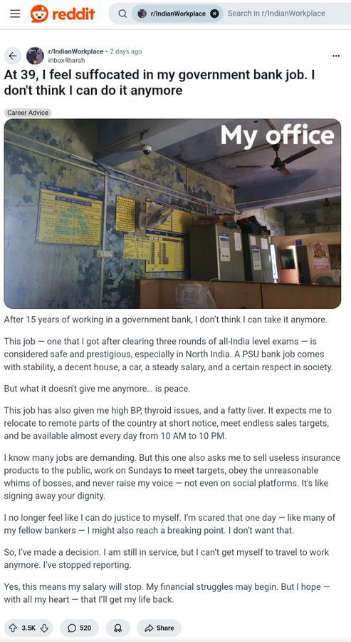 vijayaksharma's tweet photo. After serving the bank for 15 years, a banker has decided to leave the very job he once dreamed of.

A job for which he prepared day and night, cleared multiple tough levels of exams, and earned a position that society calls “secure” and “prestigious.”
But today, he is walking away.

Why?
Because the job no longer looks like banking.

👉 12-hour workdays, from morning till late night
👉 Forced transfers to far-flung places
👉 Pressure to sell useless insurance policies and schemes
👉 Unrealistic targets hanging on his head every day
👉 Weekend calls and humiliations from bosses

This is not one man’s story. This is the story of thousands of bankers…respected from the outside, but crushed from the inside by a toxic system.
@MyIndianBank @bankpediaa @kanalmedia23 @bankaffairs @Hellobanker_in