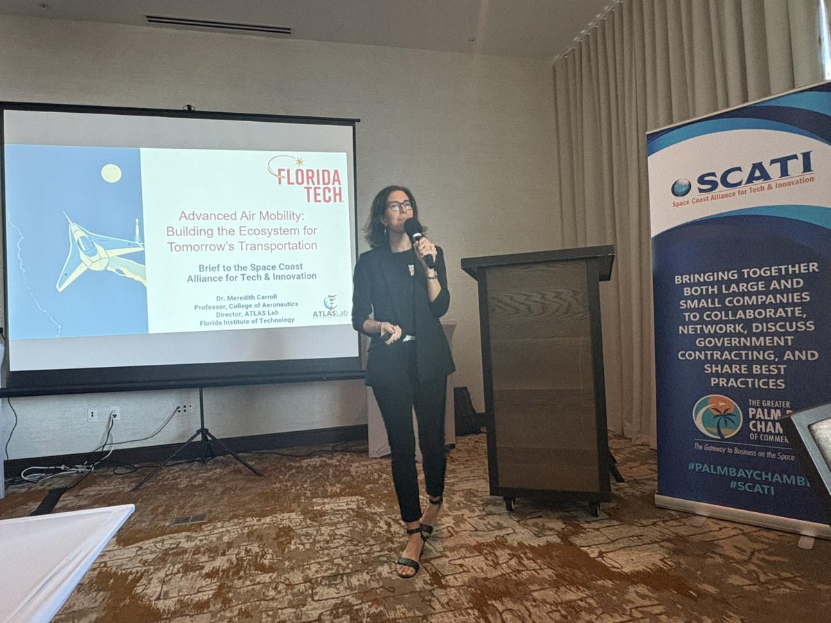 palmbayccomm's tweet photo. Dr. Meredith Carroll, ATLAS Lab Director and Aviation Professor at Florida Institute of Technology, was today’s keynote speaker at #SCATI-Space Coast Alliance for #Tech and #Innovation. Exciting developments are happening in the #aviation industry https://t.co/iWF3xQGmhB