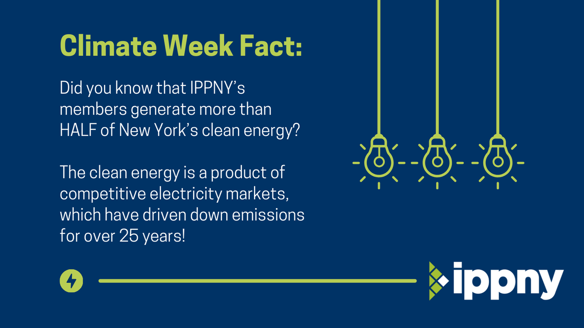 As we continue to celebrate #ClimateWeekNYC, how about a fun fact?!

IPPNY's members generate electricity from ALL sources and make up more than half of New York's clean energy! 💡