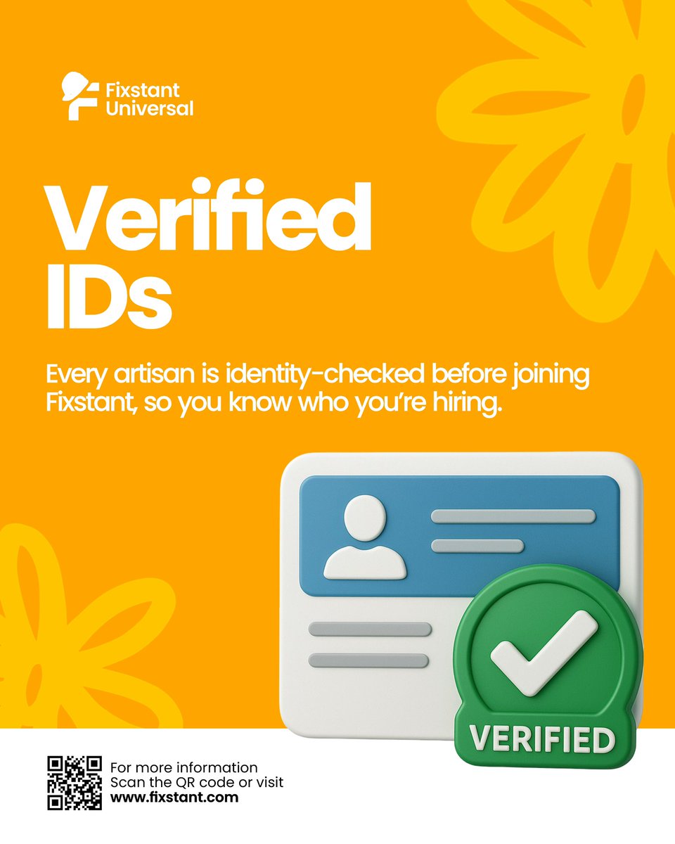 FixstantLimited's tweet image. At Fixstant, safety comes first. Every artisan is verified, rated, and trusted , so when you book, you know you’re in safe hands ✅. Reliable people. Reliable service.

#SafeHands #VerifiedArtisans #TrustedService #NaijaFix #ReliableEverytime #SecureAndReliable