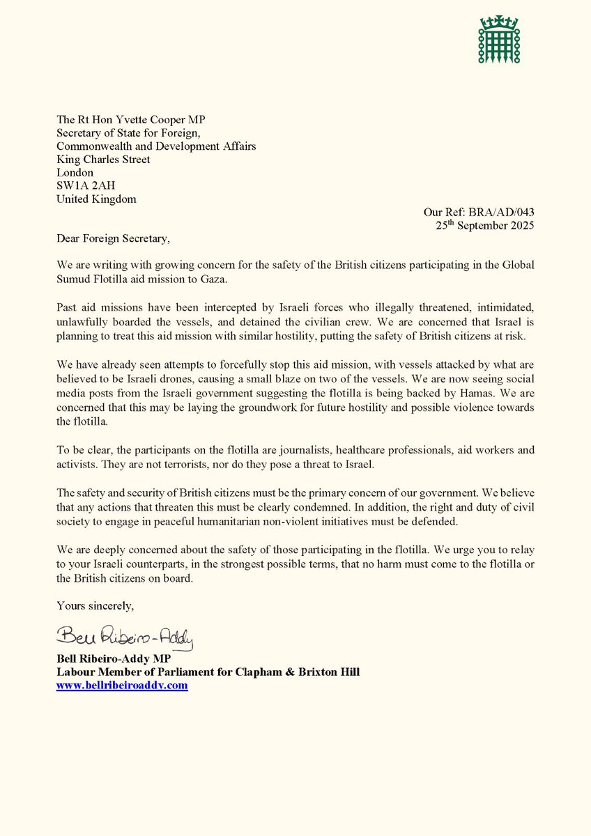 IanByrneMP's tweet image. Today I joined more than 80 MPs in signing a letter by @BellRibeiroAddy urging the Foreign Secretary to ensure no harm comes to those aboard the Global Sumud Flotilla aid mission to #Gaza.