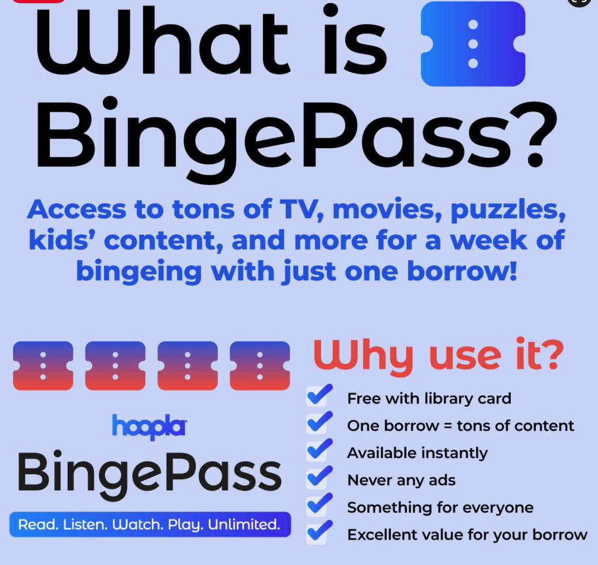 EudoraPublicLib's tweet photo. Want to borrow more content without using all your monthly borrows?  Explore Hoopla BingePass, a 7-day pass that gives you unlimited access  to one of multiple streaming collections with just one borrow! https://t.co/YUBjcfdqcV https://t.co/pgNlJYE27K