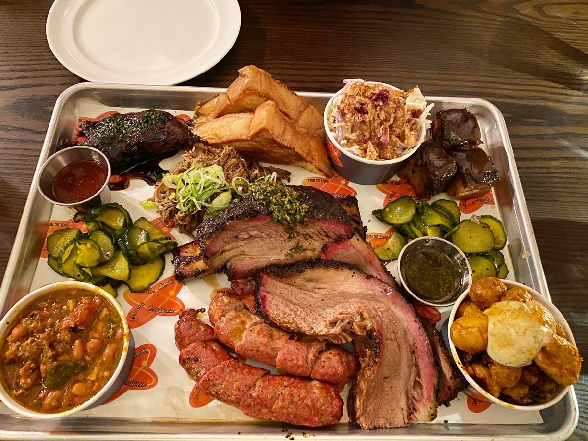 BurgerAnarchy's tweet photo. The Tray from @interstellarbbq residency at @thenedlondon. Recommend a couple of picklebacks to go with it. bbq #barbecue https://t.co/HE4KLNnLxv