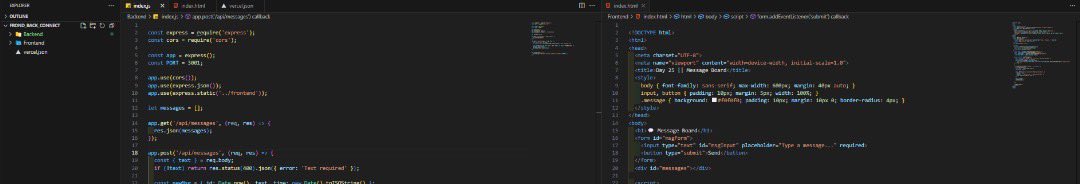 CodeWithBeerah's tweet image. Day 25 #30DaysOfCode
Connected Frontend + Backend!
✅ HTML + CSS frontend
✅ Node.js + Express backend
✅ API communication
Message sent from the frontend successfully received in the backend.
#Frontend #NodeJS #HTML #CSS #WebDev #BuildInPublic #WomenInTech #Backend