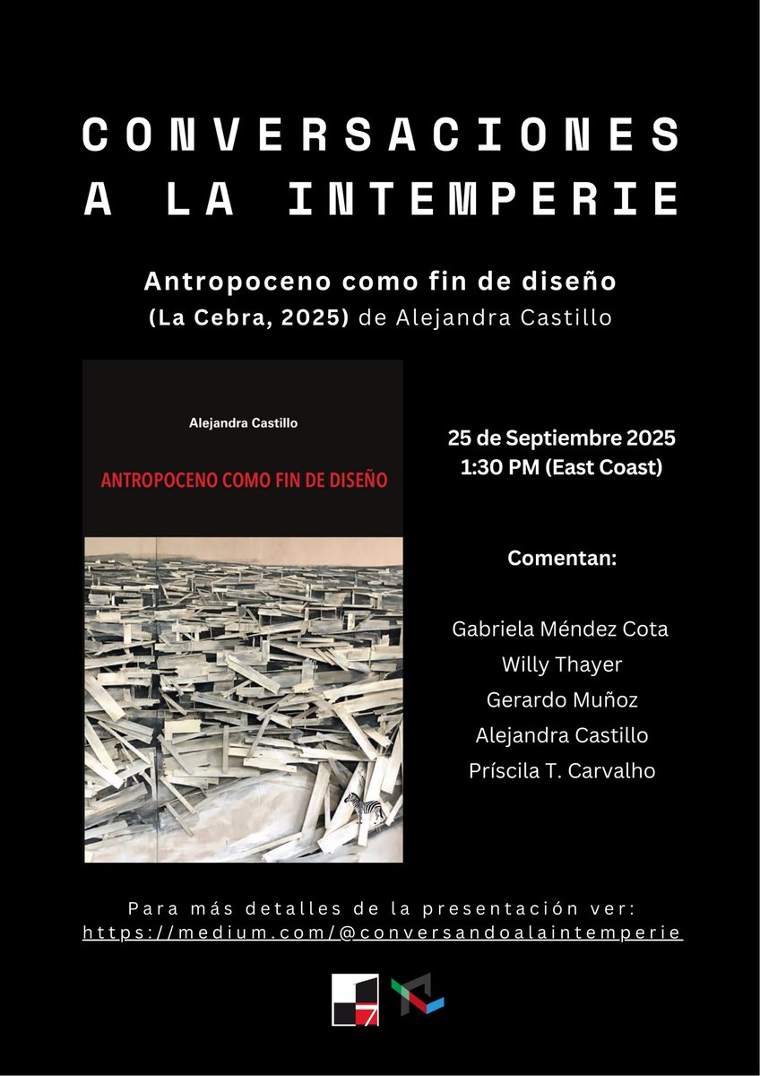 Hoy tendremos una sesión en torno al excelente libro de <a href="/alebeacastillo/">alejandra castillo</a> sobre el colapso de diseño y la irrupción del antropoceno en nuestra época. Como siempre, la sesión podrá ser escuchada más tarde desde el canal de la serie: youtube.com/@conversacione…