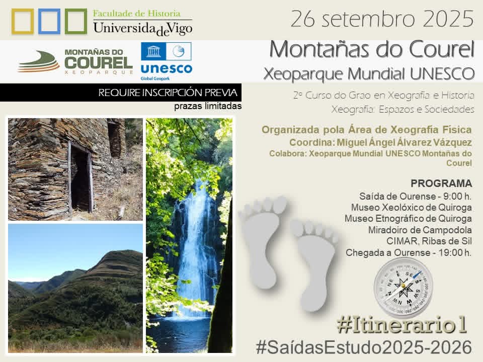 Mañá partimos ben cediño cara o <a href="/COURELMOUNTAIS/">COUREL MOUNTAINS UNESCO GLOBAL GEOPARK</a> co alumnado de 2° de grao da <a href="/HistoriaOurense/">Facultade Historia</a>! Xa nos tarda, no Courel estamos sempre como na casa. Comezamos este curso iso de andar #Xeografiando fora das aulas!!!!