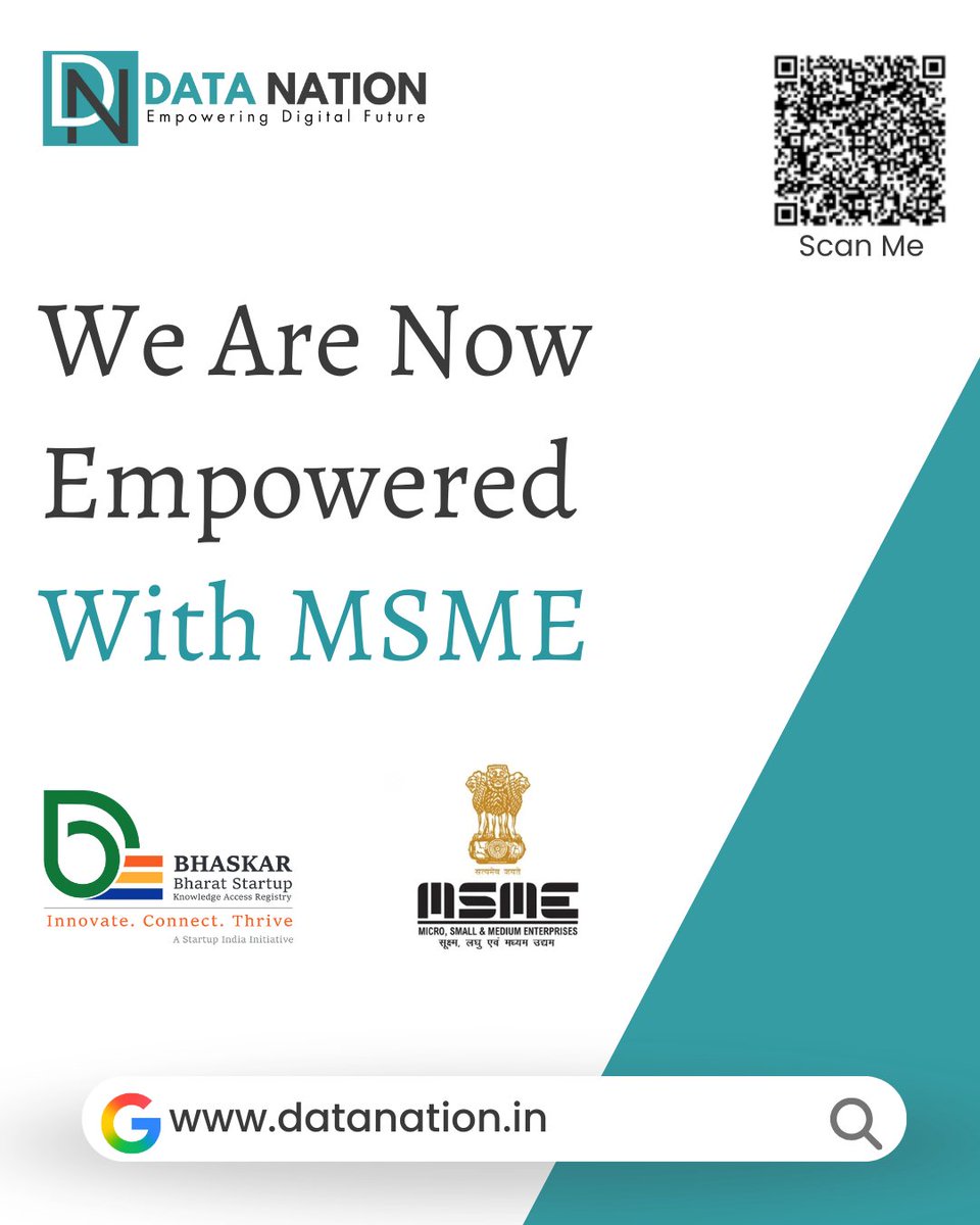 datanation_in's tweet image. Proud to announce that DATA NATION is now officially registered as an MSME in India!
This milestone empowers us to serve you better and take your business to the next level with digital empowerment. #datanation