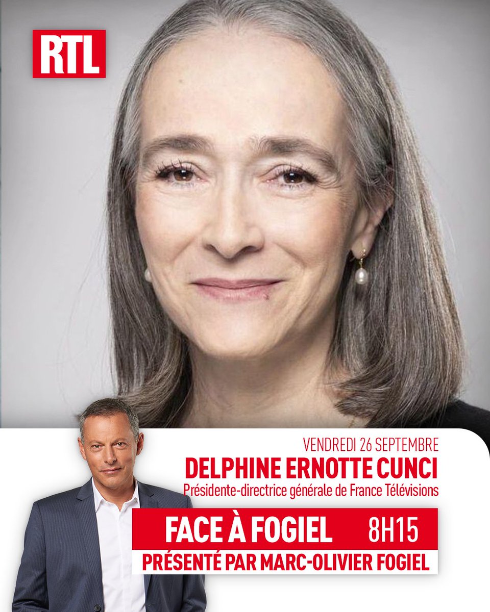 Après la publication d’un rapport alarmant sur les finances de l’audiovisuel public et un bras de fer avec CNEWS, <a href="/DelphineErnotte/">Delphine Ernotte Cunci</a>, présidente-directrice générale de <a href="/Francetele/">France Télévisions</a>, sera l'invitée de <a href="/FogielMarcO/">Marc-Olivier FOGIEL</a> ce vendredi à partir de 8h15 #RTLMatin