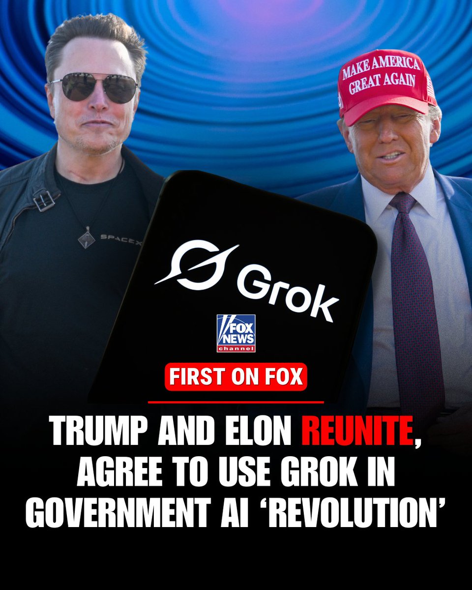 FoxNews's tweet image. ‘GROK’ED AND LOADED: President Trump and Elon Musk are teaming up again — this time to bring Grok 4 and Grok 4 Fast to his administration, aiming to revolutionize and supercharge AI innovation across all government agencies.