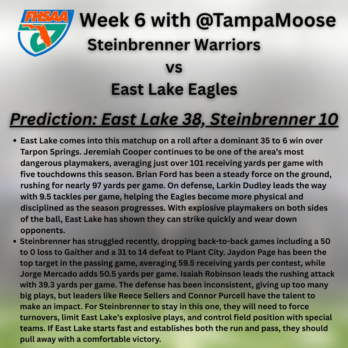 Tampa Moose (@tampamoose) on Twitter photo Always a thrill to see two counties go head to head. <a href="/SteinbrennerFB/">SteinbrennerFootball</a> hosts <a href="/eastlakefball/">East Lake Football</a> this Friday.
<a href="/SuncoastPreps/">Suncoast Preps</a> <a href="/PinellasHSMedia/">Pinellas Highschool Media Group</a> <a href="/CoachGreen_3/">Green Zone preps Recruiting inc.</a> <a href="/FlaHSFootball/">FloridaHSFootball.com</a> <a href="/Biggamebobby/">Bob Putnam</a> <a href="/tampafootballFL/">Tampa Bay Football</a> <a href="/NaughtFan/">Steve Thornton</a> <a href="/BigCountyPreps1/">BCP SPORTS</a> Always a thrill to see two counties go head to head. <a href="/SteinbrennerFB/">SteinbrennerFootball</a> hosts <a href="/eastlakefball/">East Lake Football</a> this Friday.
<a href="/SuncoastPreps/">Suncoast Preps</a> <a href="/PinellasHSMedia/">Pinellas Highschool Media Group</a> <a href="/CoachGreen_3/">Green Zone preps Recruiting inc.</a> <a href="/FlaHSFootball/">FloridaHSFootball.com</a> <a href="/Biggamebobby/">Bob Putnam</a> <a href="/tampafootballFL/">Tampa Bay Football</a> <a href="/NaughtFan/">Steve Thornton</a> <a href="/BigCountyPreps1/">BCP SPORTS</a>