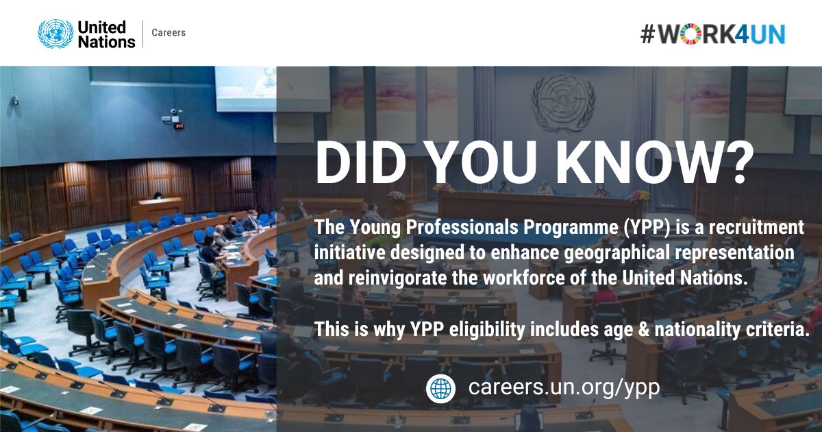 UN_Careers's tweet photo. 🔎 What’s unique about the #UN #YPP?
✨ It’s the only UN recruitment initiative with age 🎂 and nationality 🗺️ criteria— designed to strengthen geo-representation and welcome new young talent.
👉 Learn more: https://t.co/8F9Yn1FrpO
#WorkforUN #UNCareers #WorkforceDiversity https://t.co/veI2ZGMFzZ