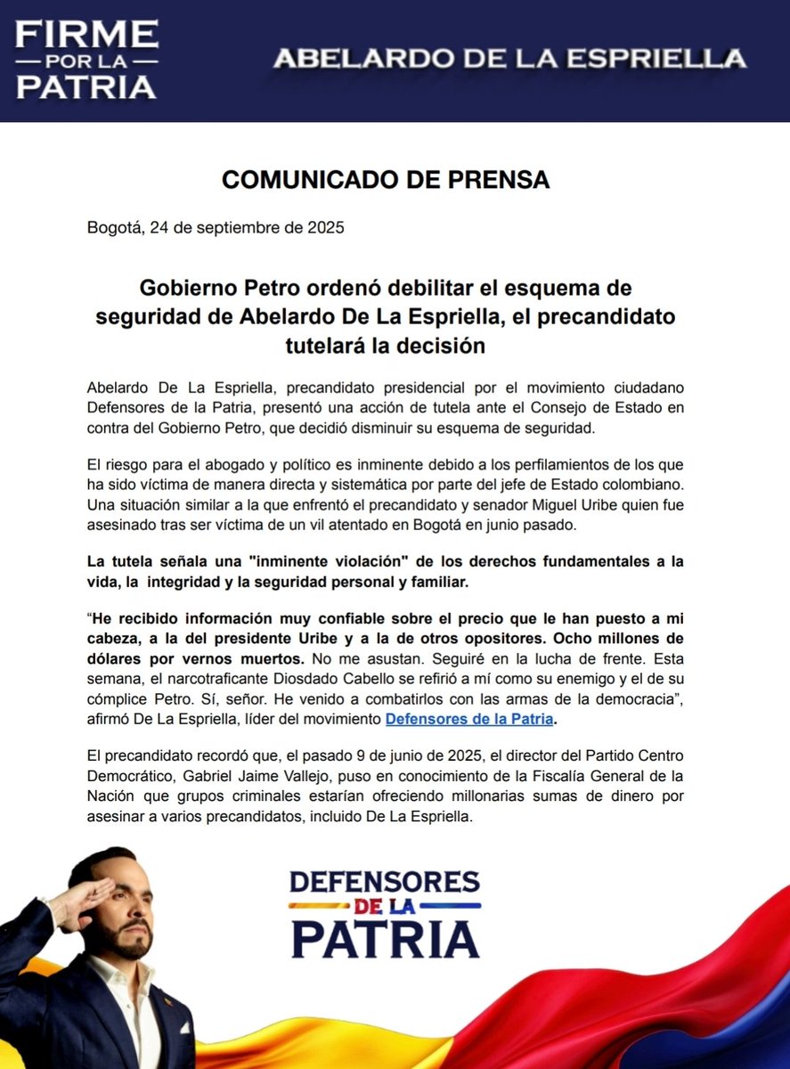 AdrianaVeterin's tweet image. ESTO ES GRAVÍSIMO 
El gobierno esta decidido a exterminar los candidatos más fuertes de la oposición, primero fue Miguel Uribe Turbay y ahora Abelardo de la Espriella quitándole parte de su seguridad, recuerden que a Miguel no le atendieron sus pedidos de seguridad y lo mataron.