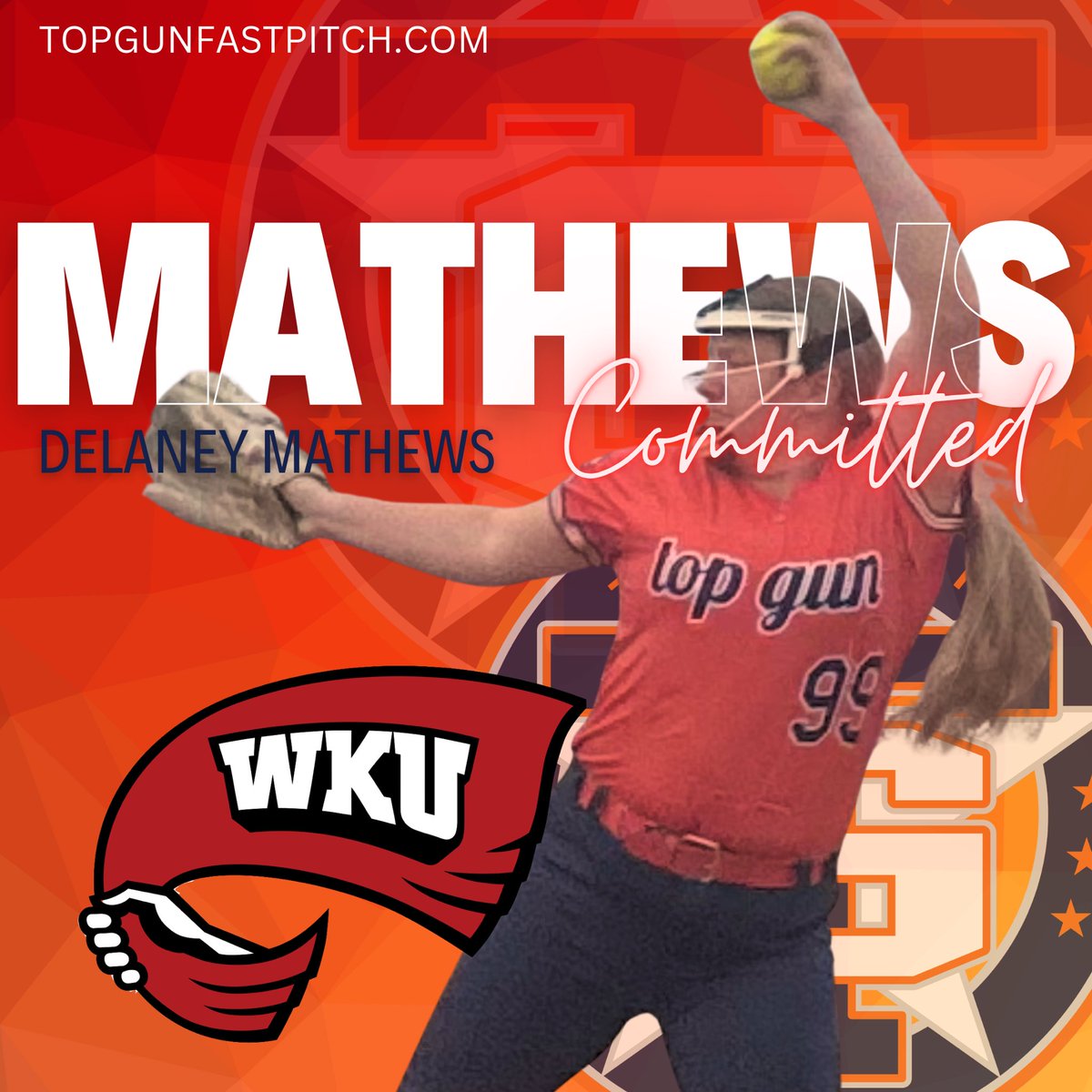 topgunfastpitch's tweet photo. ✈️ COMMITMENT ALERT ✈️ 
Top Gun Fastpitch is proud to announce 2026 Delaney Mathews and her commitment to play softball at Western Kentucky University. We are so thrilled for you! Congrats 🎉 #flyabove

https://t.co/PJC6A6PzNS https://t.co/PnFKwwJ5Hz