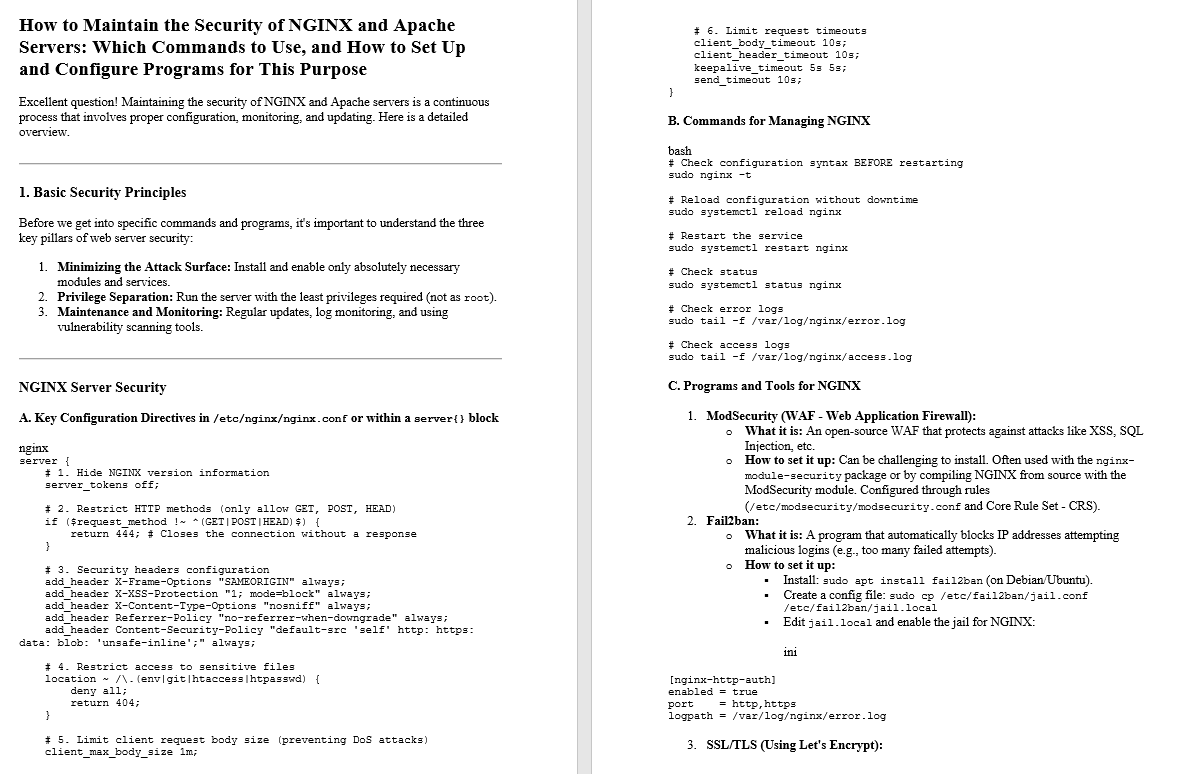 ramarko1's tweet image. #serveradministration #ServerAdmin #НИС #фтн #FTN #Microsoft  #НИС  #фтн #FTN #networking #racunarskemreze  #linux #nginx #apacheserver 

How to Maintain the Security of NGINX and Apache Servers: Which Commands to Use, and How to Set Up and Configure Programs for This Purpose