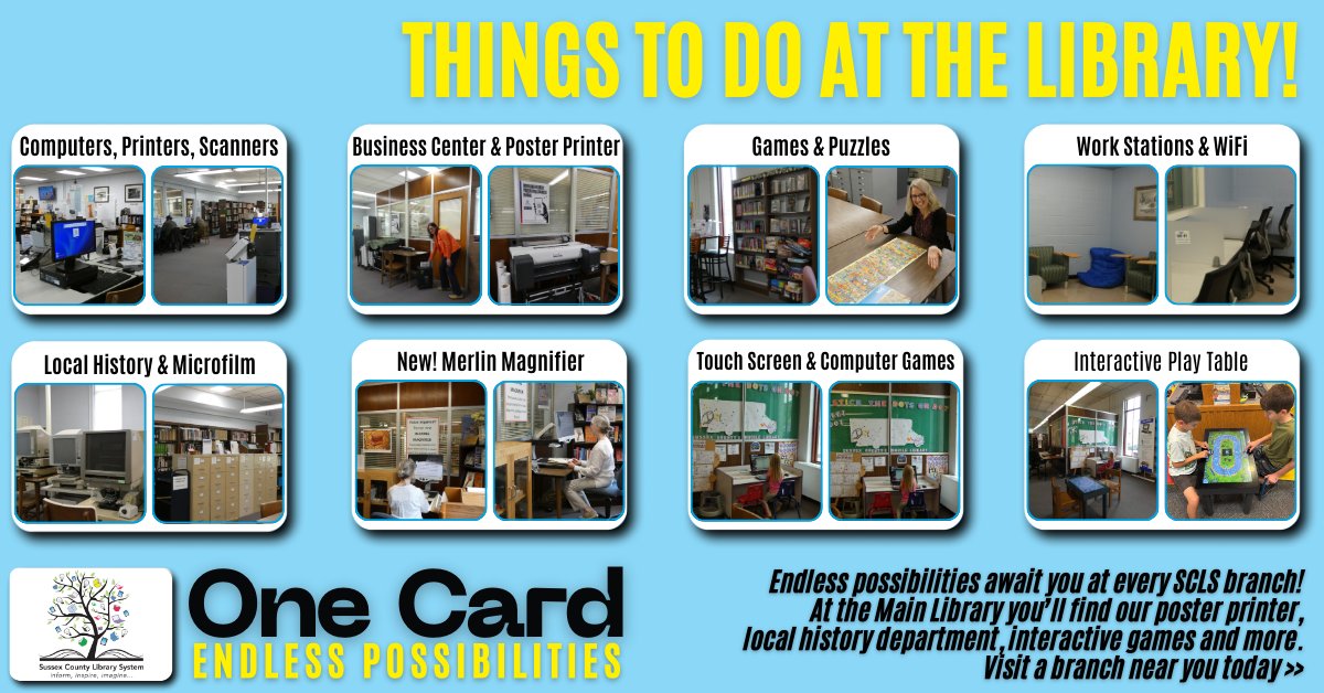sussexcountylib's tweet image. Endless possibilities await you at every SCLS branch! At the Main Library you’ll find our poster printer, local history department, interactive games and more.
Visit a branch near you today! #LibraryCardSignUpMonth #GetCardedAtSCLS #SussexCountyLibraries #NewJerseyLibraries