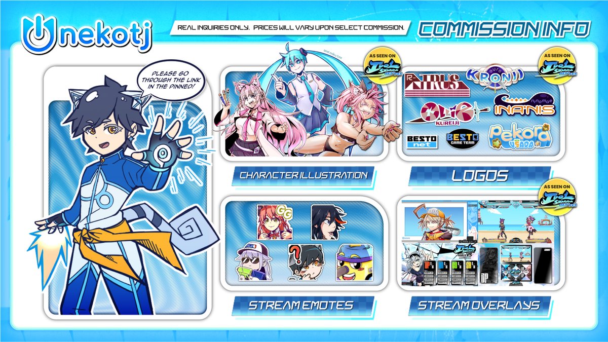 nekotj's Temporary Pinned🫧‼️: 
Illustrator/Graphic Designer looking for work/commission work!

Services Provided:
- Character Illustrations
- Logos
- Stream Emotes
- Stream Overlays
- YT Thumbnails

Real Inquiries only, please use the link for more info:
tinyurl.com/nekotjcomms