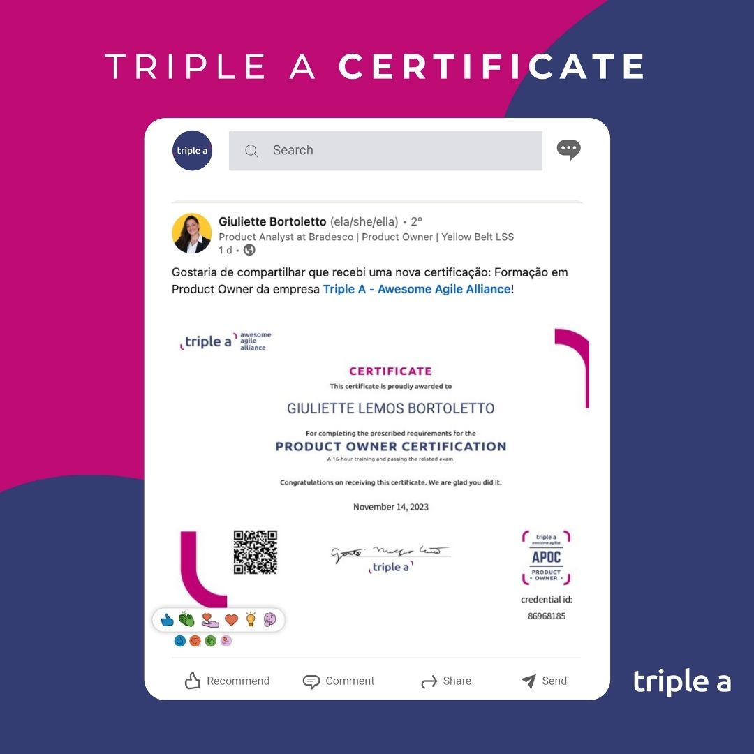 TripleA_Global's tweet image. &quot;Gostaria de compartilhar que recebi uma nova certificação: Formação Product Owner da empresa Triple A - Awesome Agile Alliance!&quot;

Giuliette Lemos

#productowner #scrumguide #multifuncionalidade #equipe #agilidade #agil #trabalho #responsabilidades #produtividade