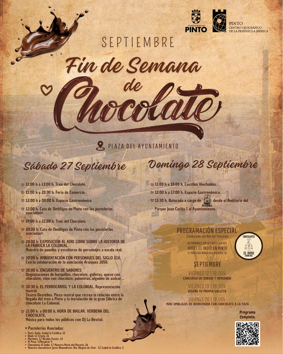 Buenos días Pinto😎

Tenemos por delante un fin de semana de dulce, con el chocolate como protagonista 🍫

🗓️Los días 27 y 28 de septiembre, con Feria de Comercio, Espacio Gastronómico, degustación de Ombligos de Pinto y muchas más sorpresas 
 
ℹ️+Info.👉 ayto-pinto.es/-/fin-de-seman…