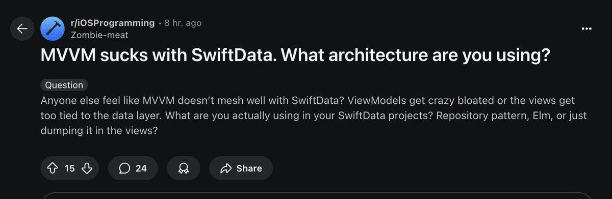 azamsharp's tweet image. Interesting conversation going on Reddit about SwiftData and MVVM in SwiftUI.
reddit.com/r/iOSProgrammi…
#swiftdata #swiftui