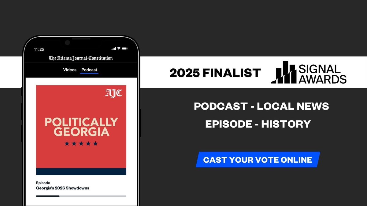 We are thrilled the @AJC's Politically Georgia podcast is a finalist across TWO categories in the 4th annual @SignalAwards. 

Cast your vote now through Oct. 9 via the #SignalAwards pages below.

✅ Local news: bit.ly/PGLocalNews

✅ History: bit.ly/AJCPGHistory