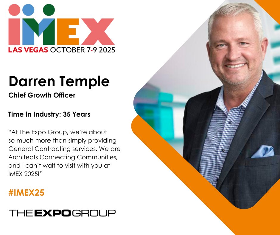 If you’re attending #IMEX25, drop by Booth C4065 and visit Darren Temple, Chief Growth Officer. 

We can't wait to see you there! Schedule a meeting with our team here: vist.ly/4863r

#theexpogroup