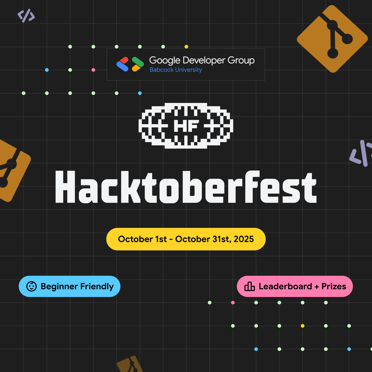 GDGBabcock's tweet photo. October = Hacktoberfest.
At GDG on Campus Babcock, we’ll:
Contribute to open source

Track progress on a leaderboard

Recognize top contributors

Launch: Oct 1 https://t.co/23l19iR47n